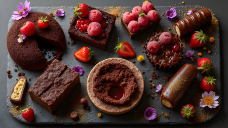 Chocolate cakes with raspberries and strawberries on a black backgroundの素材