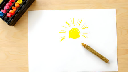 Drawing a sun on a white sheet of paper with crayonsの素材