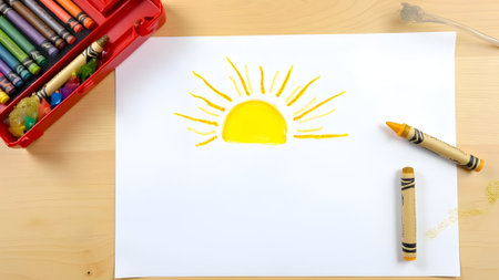 Sun drawing on white paper and crayons on a wooden tableの素材
