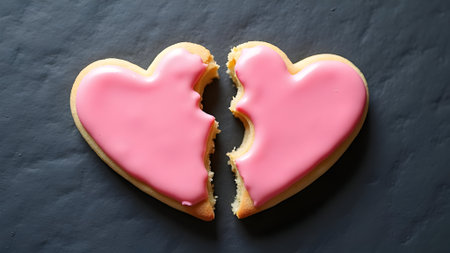 Two heart-shaped cookies with pink icing on a dark background.の素材