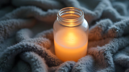 Aroma candle in a glass jar on the background of a soft plaidの素材