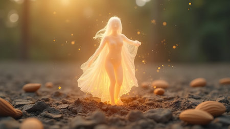 Naked woman in a white dress walking on the ground. 3d renderingの素材