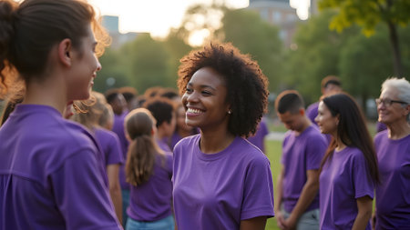 Group of young people dancing together in the park. They are wearing purple t-shirts.の素材