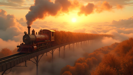 3d render of a steam locomotive on the bridge at sunriseの素材