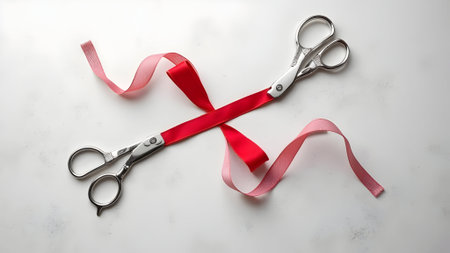 Scissors with a red ribbon on a white background, top viewの素材