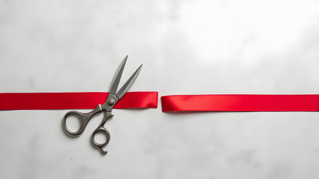 Scissors cutting red ribbon on white marble background, copy space.の素材