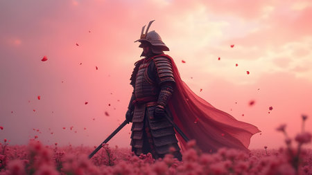 Medieval knight in the field of red flowers. 3d illustration.の素材