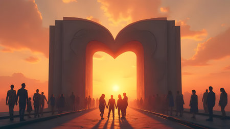 Silhouette of people walking on the bridge at sunset, 3d renderの素材