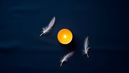 Burning candle with feathers on a dark background. Flat lay.の素材