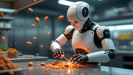 Robot humanoid working in modern kitchen. Artificial intelligence and machine learning concept. 3D rendering.の素材