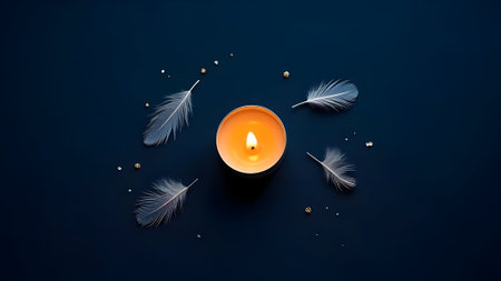 Burning candle with feathers on dark background. Flat lay, top view.の素材