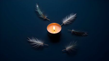 Burning candle with feathers on dark background. 3D rendering.の素材