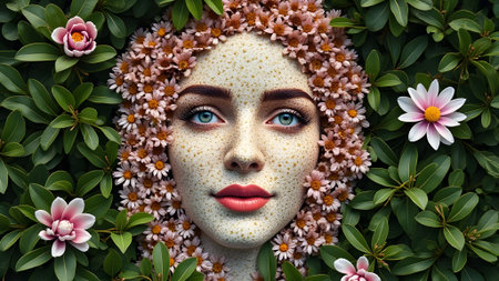 Beautiful young woman face with flowers and leaves. 3d renderingの素材