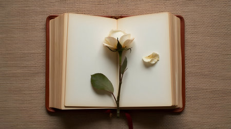White rose on a book and a red ribbon on a brown backgroundの素材