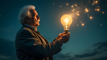 Elderly man with a lightbulb on the sky backgroundの素材