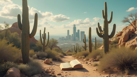 A book in the desert of Arizona with a view of the city of Phoenix.の素材