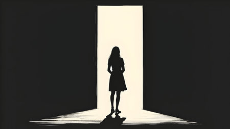 Silhouette of a young woman in front of an open doorの素材