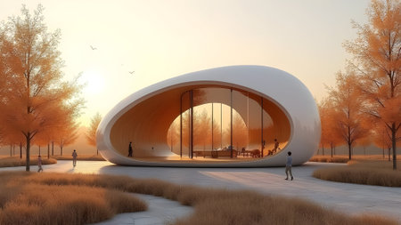 3d render of modern building in the park. 3d illustrationの素材