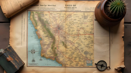 Old map with cactus and compass on wooden background. Travel conceptの素材