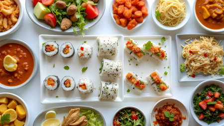 Sushi and rolls on a white plate with vegetables and sauce.の素材