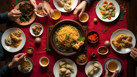 Top view of group of people having dinner together at home. People eating traditional oriental food.の素材