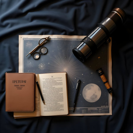 Vintage travel and adventure concept. Top view of book, compass, magnifying glass and telescope on black fabric background.の素材