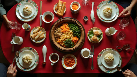 Traditional chinese dim sum set on the table. Top view.の素材