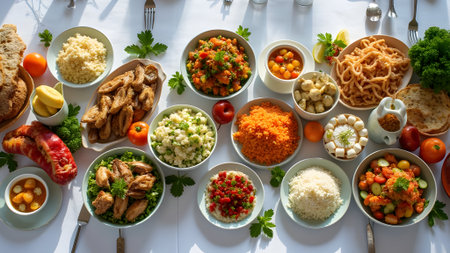 Top view of a selection of appetizers on a table in a restaurantの素材