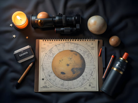 Astronomical chart and other accessories on a dark background, top viewの素材