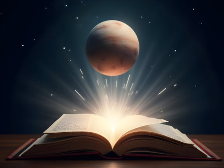 Open book with flying planet in the night sky, fantasy and education conceptの素材