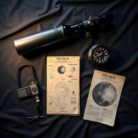 Vintage camera and travel equipment on a black background. Top viewの素材