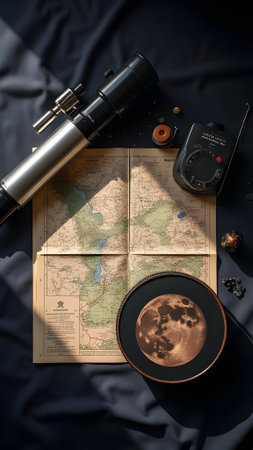 Old map, binoculars, coffee cup and camera on black backgroundの素材