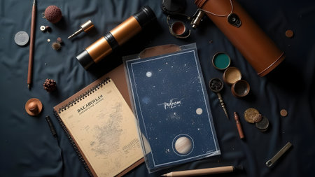 Vintage travel concept, top view of camera, passport and other objects on black backgroundの素材