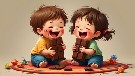 Illustration of a happy little boy and a girl eating chocolate togetherの素材