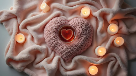Heart shaped candle on soft blanket, top view. Valentine's day celebrationの素材