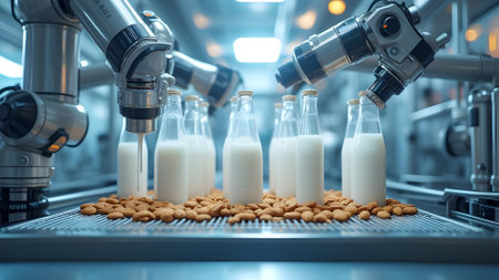 Milk bottles on conveyor belt in factory, 3d renderingの素材