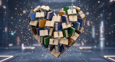 Hearts made of books on abstract background. 3D rendering.の素材