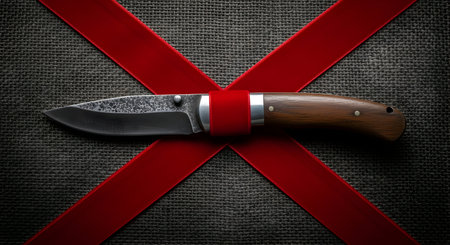Hunting knife with red ribbon on black background. Close-up.の素材