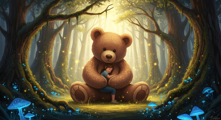 Illustration of a teddy bear sitting in the forest at nightの素材