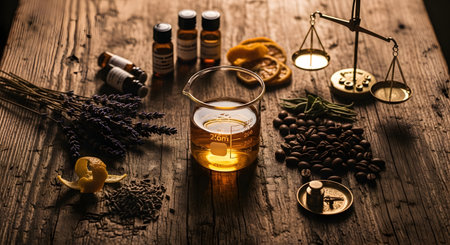 Coffee and lavender oil on old wooden table background.の素材