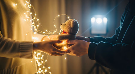 Close up of man and woman hands holding christmas gift box on blurred backgroundの素材