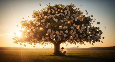 Little boy reading a book under a big tree with flying paper sheetsの素材