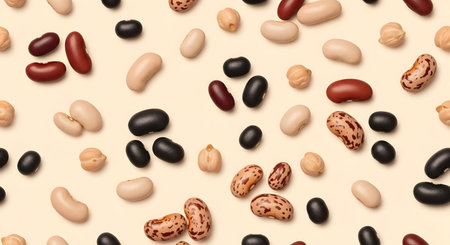 Assorted beans on a beige background, top view, flat layの素材