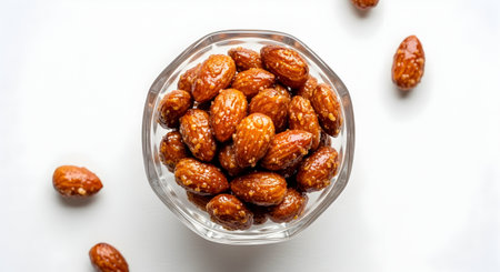 Dates in a glass bowl on a white background. Top view.の素材