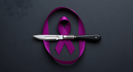 Prostate cancer awareness month. Purple ribbon and knife on black background.の素材
