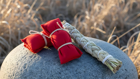 Two red gift boxes tied with rope on a stone in a wheat fieldの素材