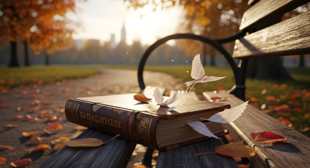 Book on a bench in the park with fallen leaves and flying pigeonsの素材