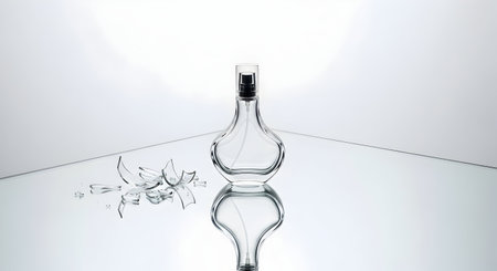 Glass bottle of perfume with broken glass on a white background. 3d renderingの素材