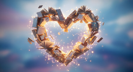 Heart from books on blue sky background. 3d rendering toned imageの素材
