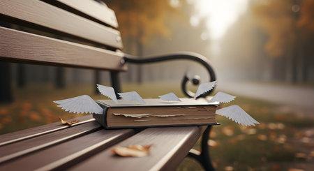 Book on a bench in the autumn park. Conceptual image.の素材